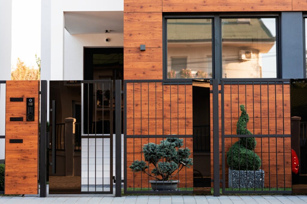 Safety gate and exterior on a modern house.